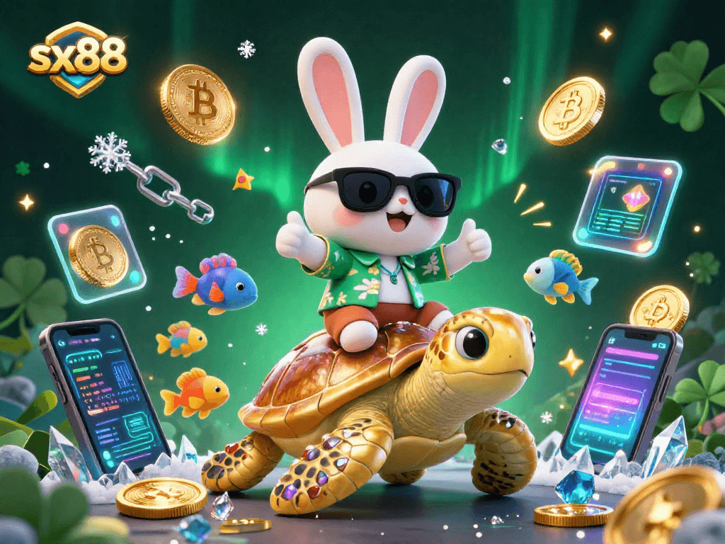 SX88 offers thrilling jackpot adventures with a lucky rabbit and turtle in a vibrant, 3D casino illustration.