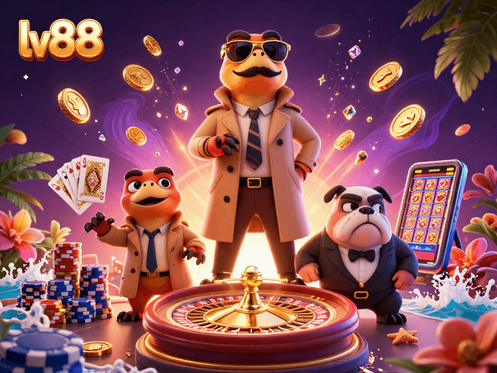 lv88 offers players a vibrant casino experience with 3D animated raptors in a trench coat aiming for VIP access.