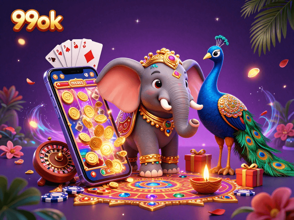 Experience the thrill of 99ok with vibrant slot gaming visuals featuring dynamic characters and festive elements.