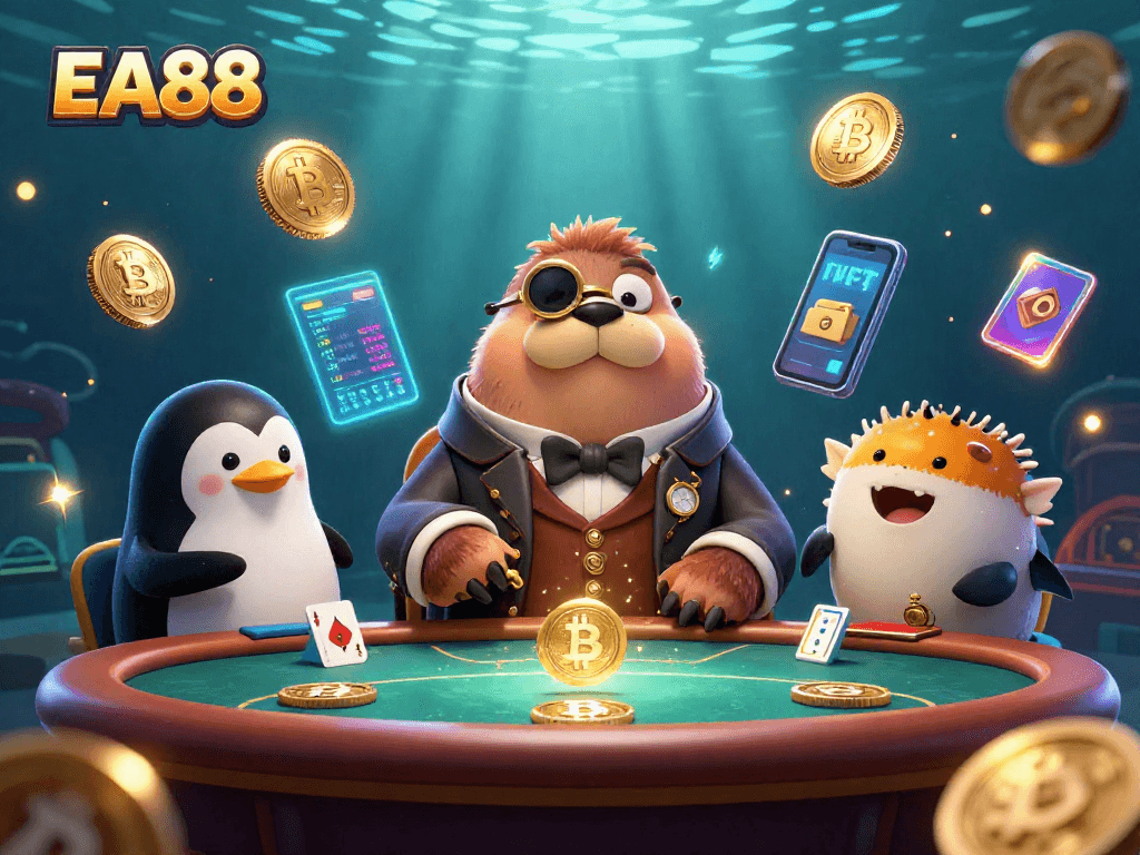 EA88 card sharks bluffing at an underwater poker table with crypto coins and vibrant details.