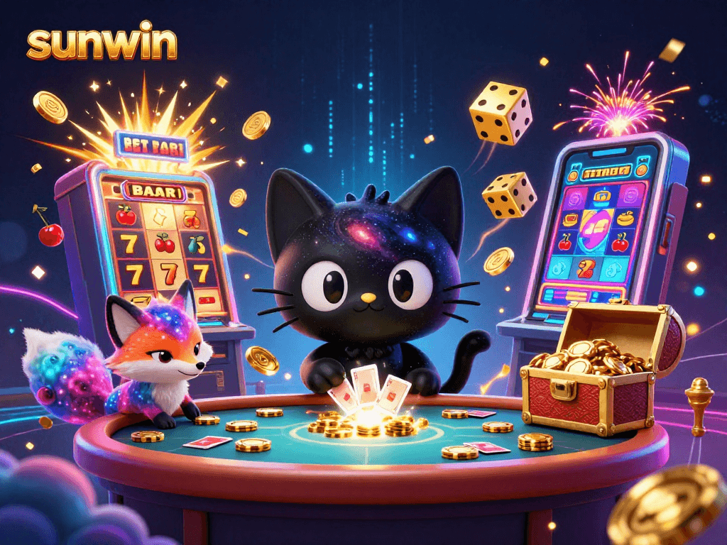 Win big at sunwin casino with a fun cosmic gaming scene featuring colorful characters and vibrant slot machines.