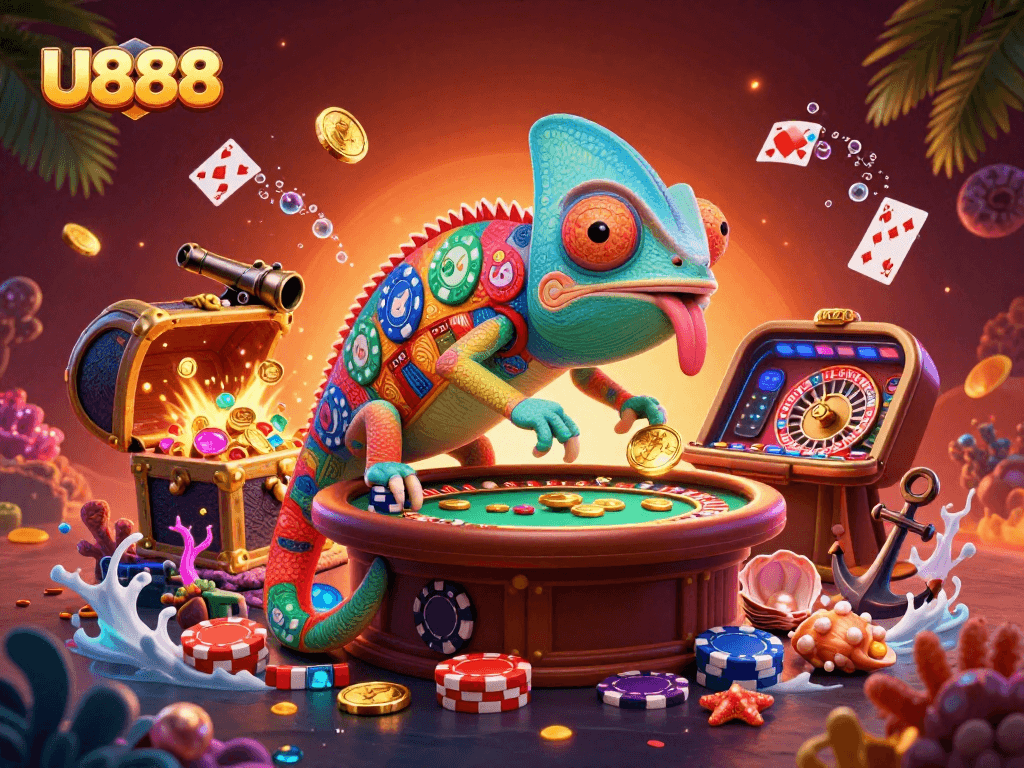 Experience U888's dynamic gambling scene with a colorful chameleon character and vibrant casino elements.