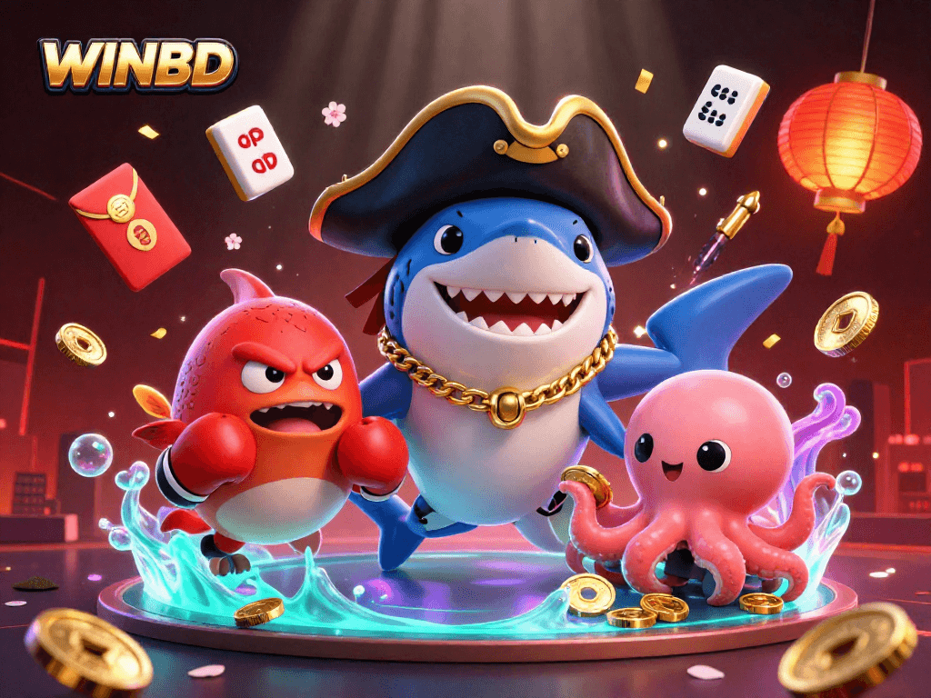 WINBD's vibrant 3D scene showcasing a pirate shark, a pufferfish, and an octopus amidst exciting casino elements.
