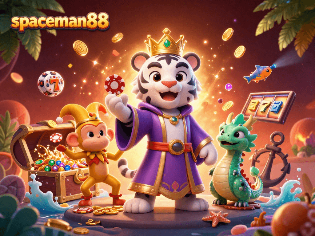 Engage with spaceman88 in a vibrant online casino illustration showcasing exciting slot games and rich visuals.