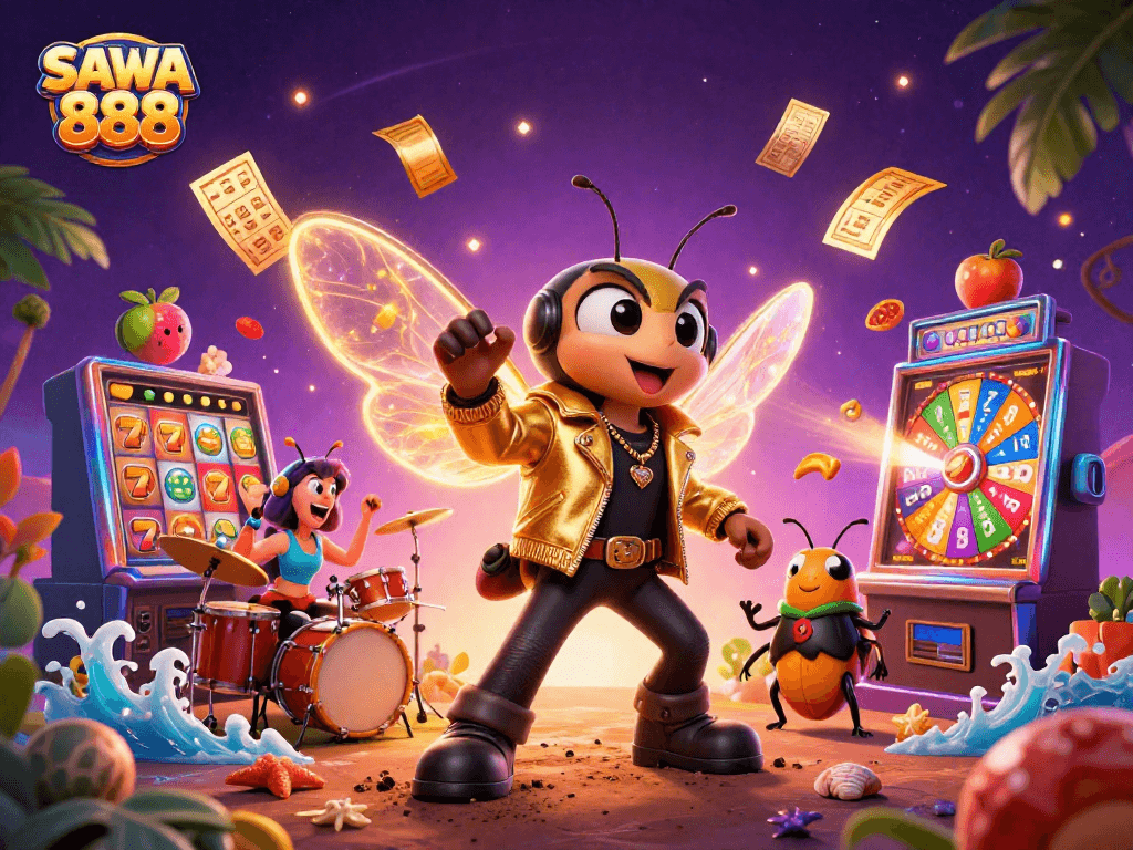 Spin the reels and win big with SAWA 888, featuring vibrant slot machines and lively cartoon characters in a casino scene.