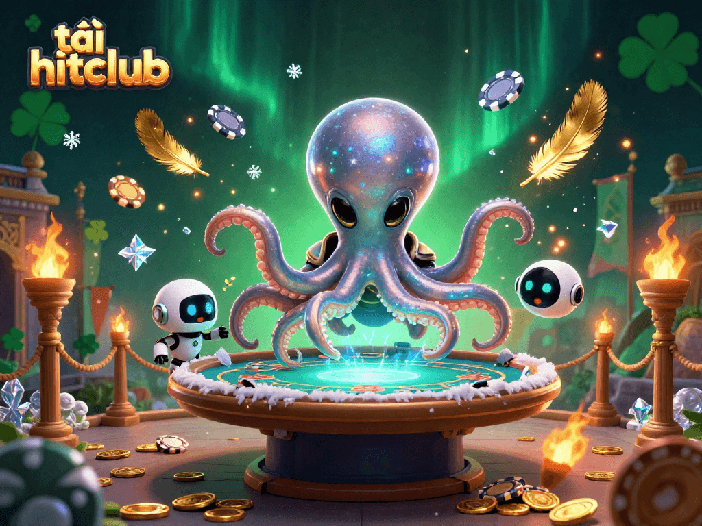 Experience exciting gameplay with tải hitclub featuring a vibrant 3D alien octopus at a casino table.