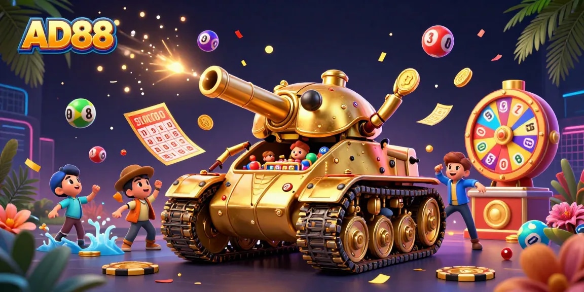 Experience excitement at AD88 with a dynamic casino scene featuring a gold beetle tank and colorful game elements.