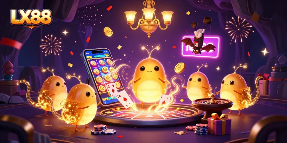 Experience thrilling wins at LX88 with a vibrant casino scene filled with energetic characters and bright games.