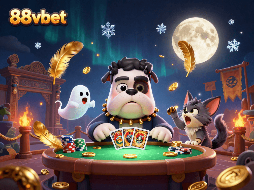 Engage with thrilling moments at 88vbet's card table with whimsical characters under vibrant lights.