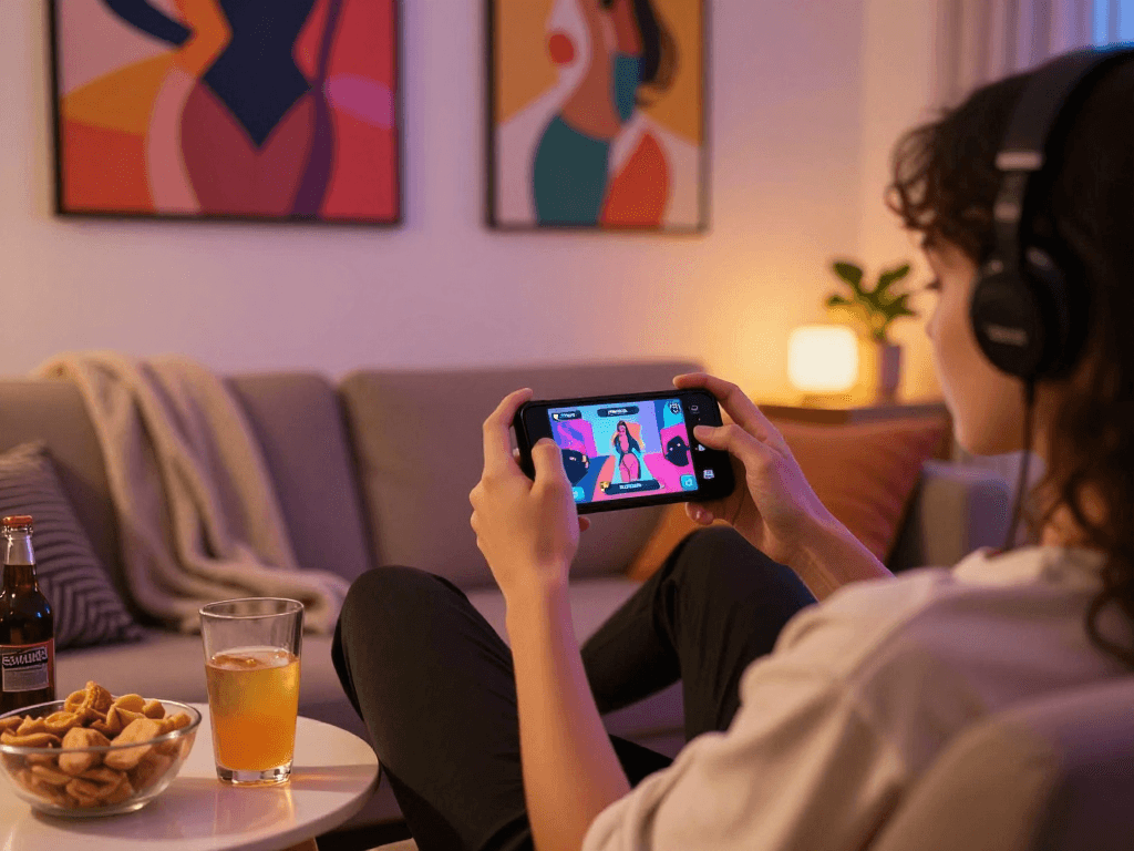 Person playing a sex game on mobile in a cozy room setting.