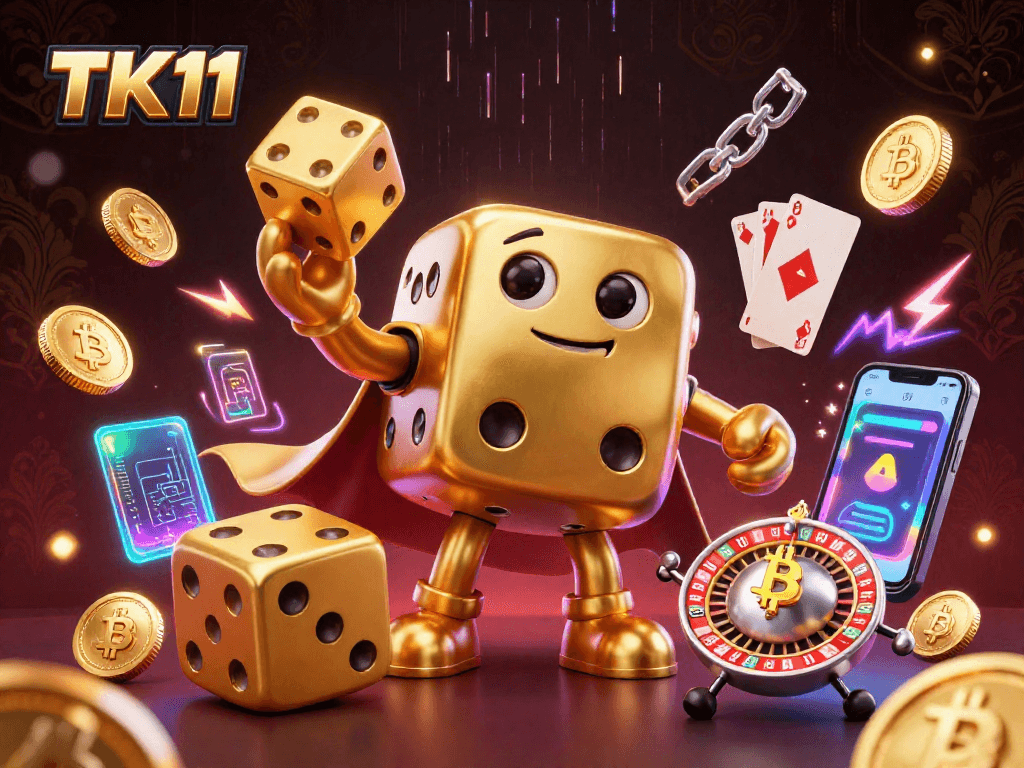 Experience TK11 with a dynamic 3D illustration showcasing a golden dice golem and crypto elements.