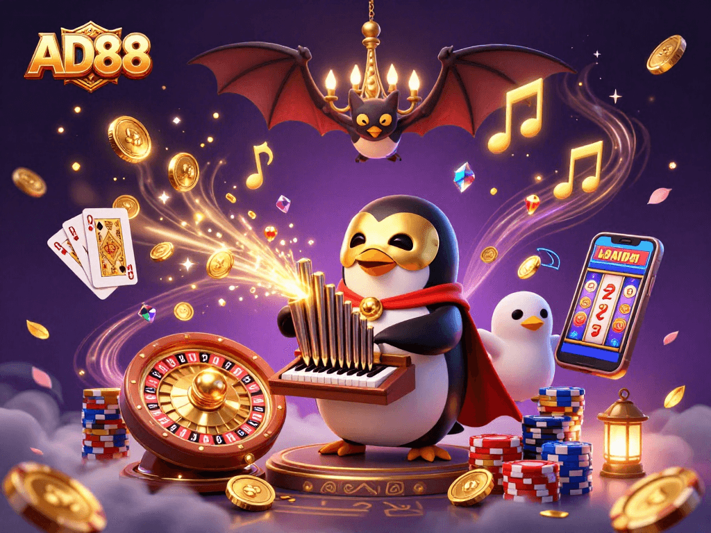 Spin the reels at AD88 with the phantom penguin, winning coins and golden notes in a casino scene.