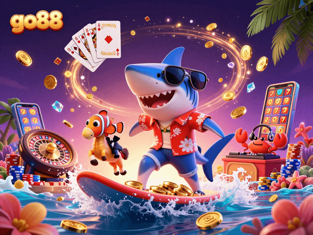 Experience go88's vibrant casino atmosphere with colorful characters and gaming elements.