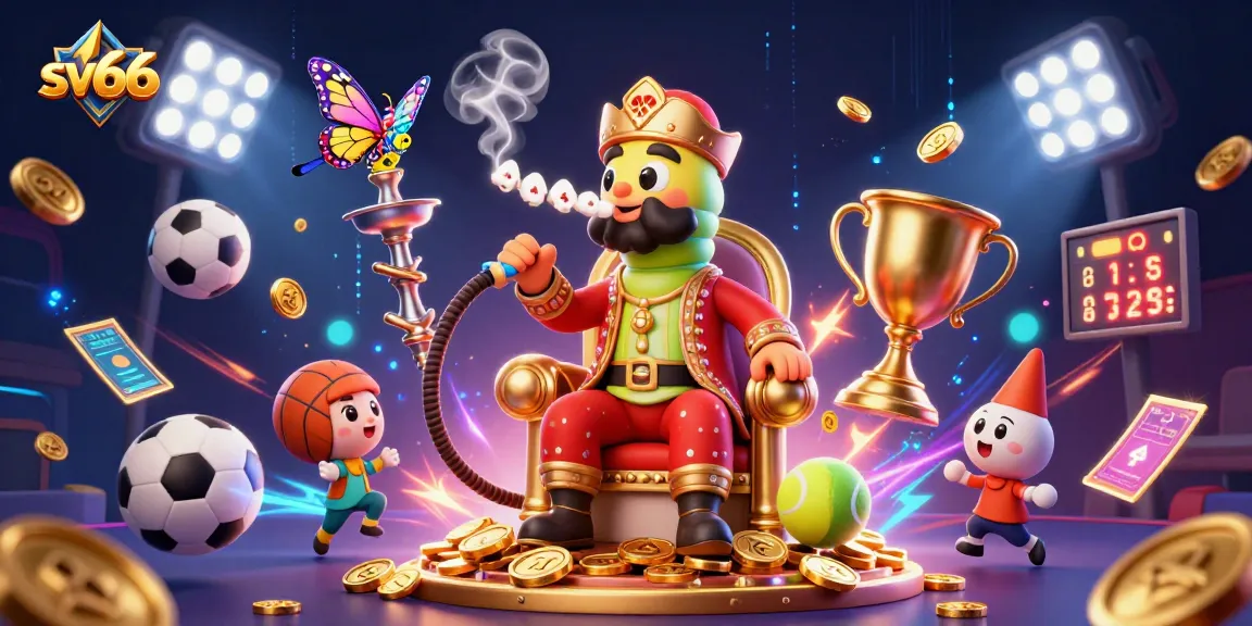 sv66 casino-themed illustration featuring a whimsical caterpillar master and sports elements