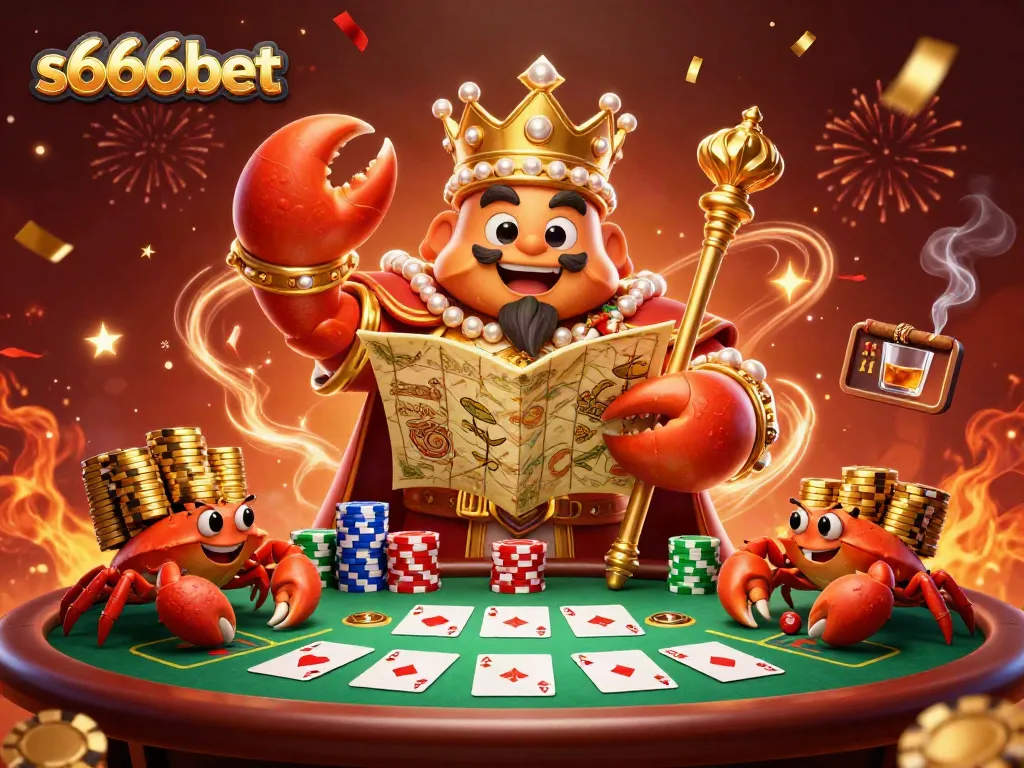 Join the excitement with s666bet's vibrant casino-themed illustration, showcasing a golden crab emperor and lively gaming elements.