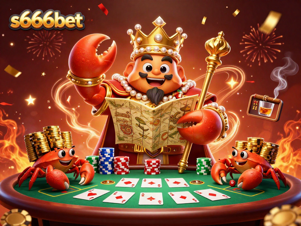 Join the excitement with s666bet's vibrant casino-themed illustration, showcasing a golden crab emperor and lively gaming elements.