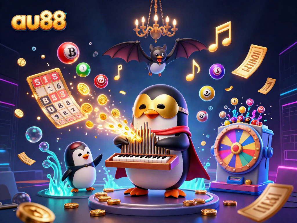 au88 penguin playing an organ generating coins, surrounded by lottery balls and vibrant casino elements