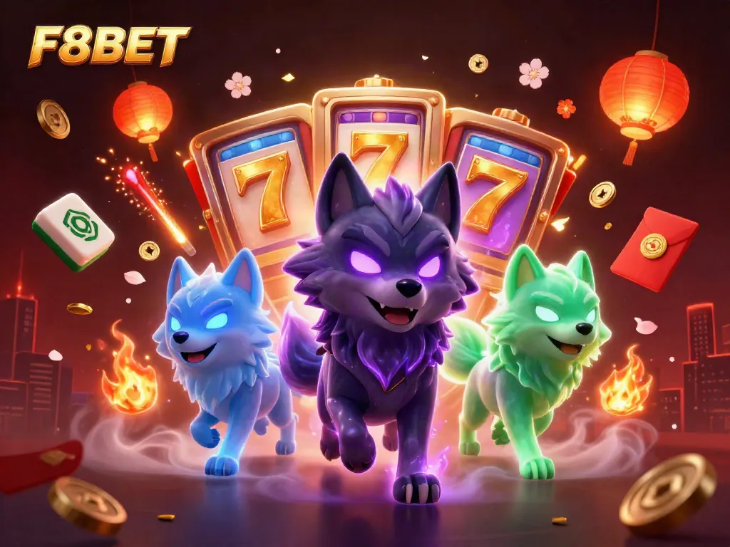 F8BET harnesses the thrill of spinning slot reels with vibrant visuals and engaging characters in a dynamic casino setting.