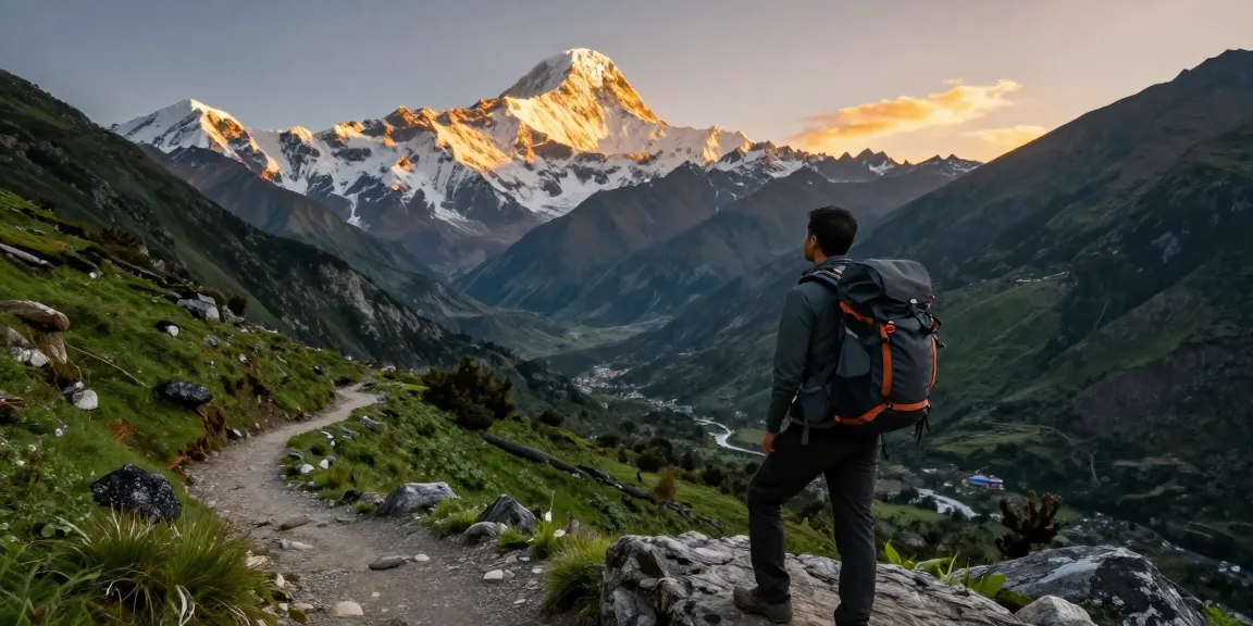 Manaslu Trek durante la puesta de sol, viajero contemplando las majestuosas montañas.