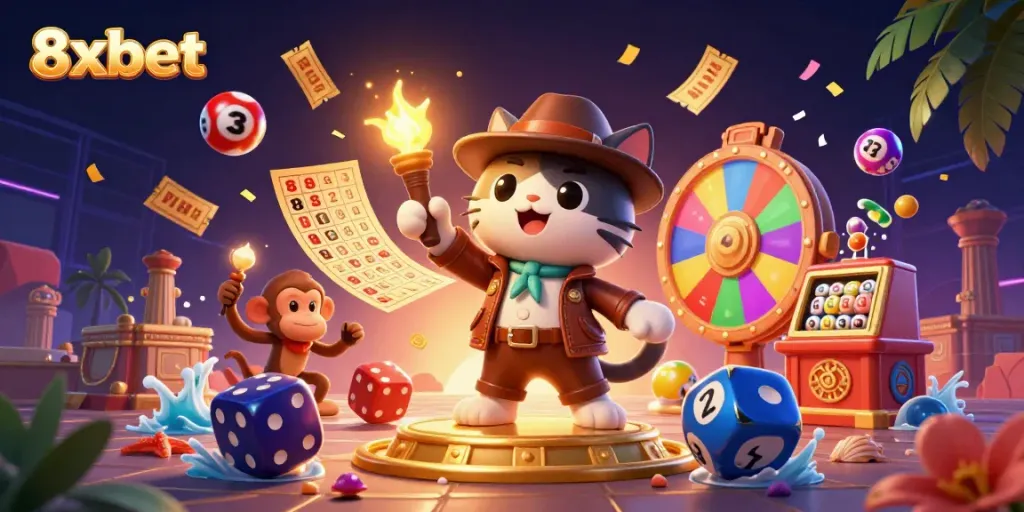 Experience the thrill of winning at 8xbet with an adventurous cat discovering a golden treasure in a vibrant casino scene.