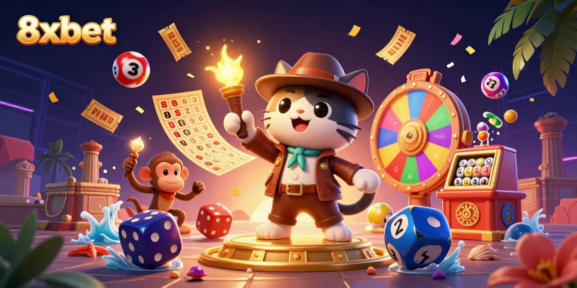 Experience the thrill of winning at 8xbet with an adventurous cat discovering a golden treasure in a vibrant casino scene.