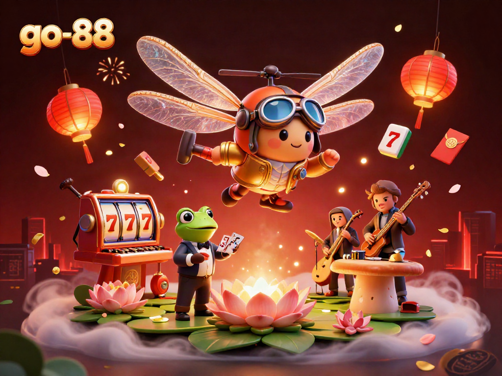 Experience thrilling gaming at go-88 with a vibrant, dynamic casino scene featuring dragonfly pilot and frog croupier.
