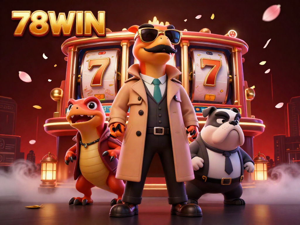 Experience thrilling moments at 78WIN's VIP casino with three raptors in disguise amid gold and slot elements.