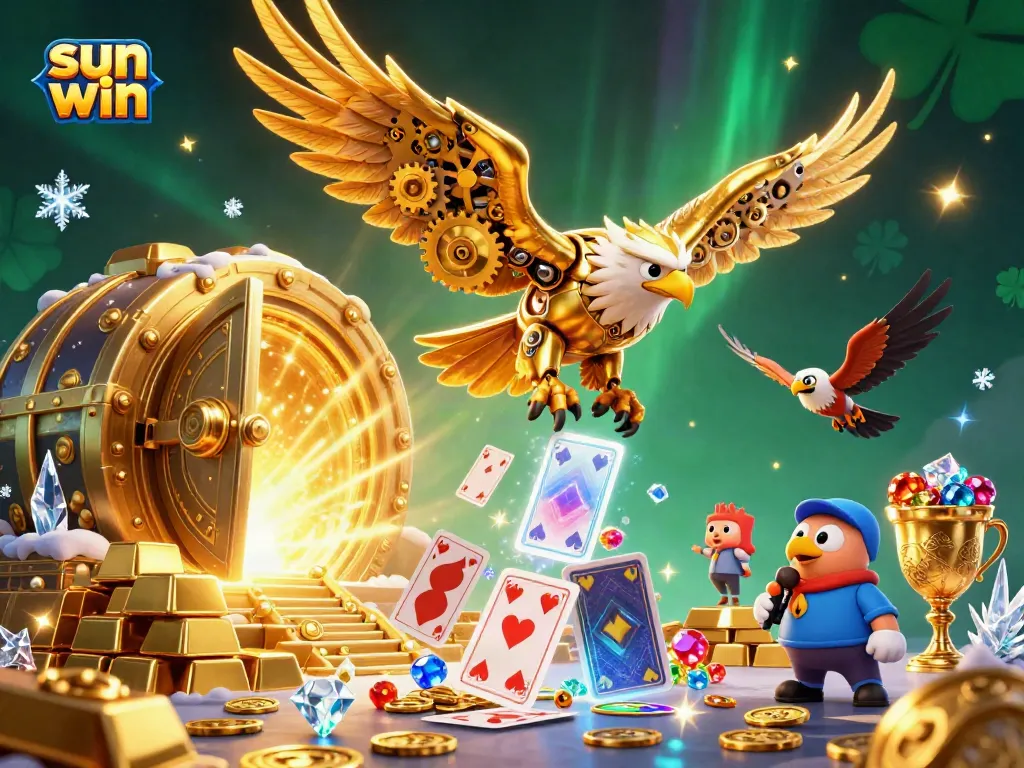 Engage in thrilling wins with sun win, featuring a cybernetic eagle amidst vibrant casino treasures.
