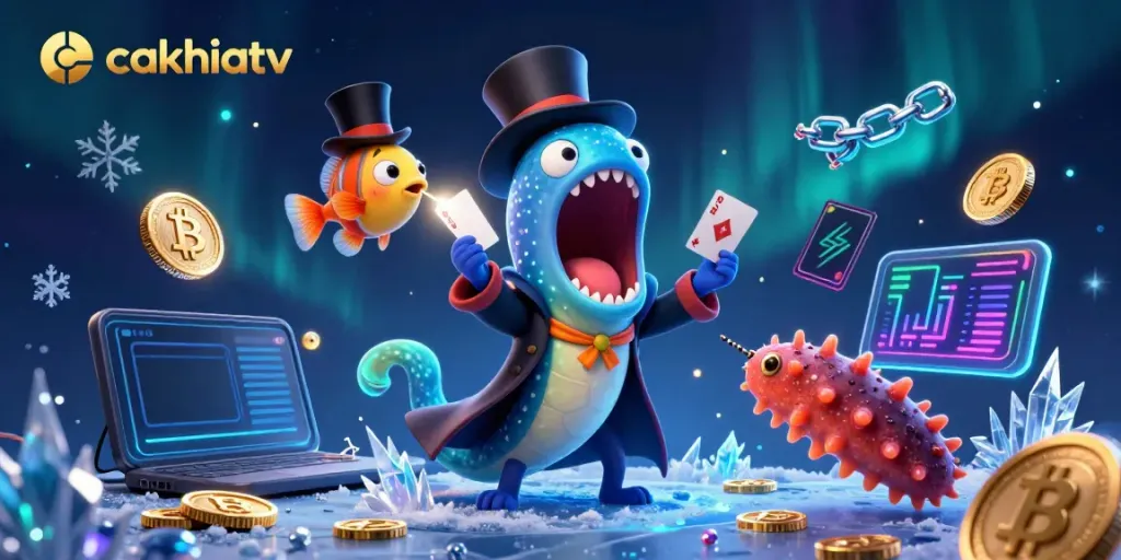 Experience cakhiatv magic with a glowing eel performing tricks amidst vibrant crypto elements.