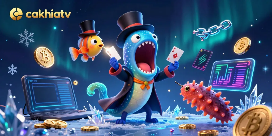 Experience cakhiatv magic with a glowing eel performing tricks amidst vibrant crypto elements.