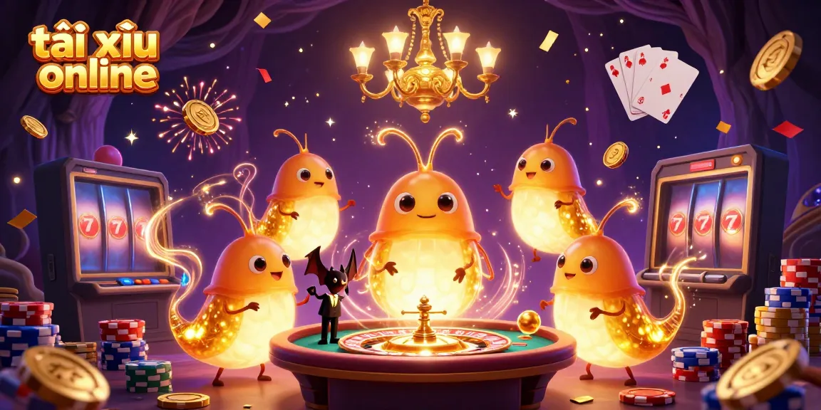 Experience the excitement of tài xỉu online in a colorful, enchanted cave casino scene with glowworms and a bat dealer.