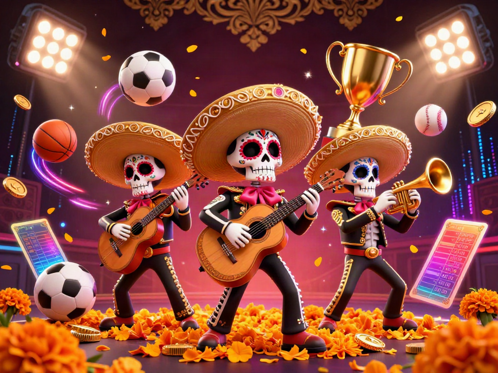 Experience excitement at febet com with vibrant Día de los Muertos mariachi band and flying sports elements.