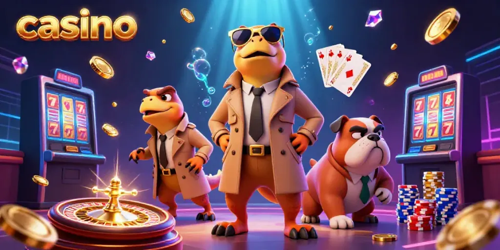 Raptors entering a VIP casino lounge with golden coins, roulette wheel, and vibrant game elements.
