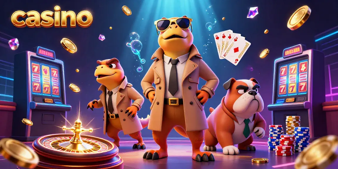 Raptors entering a VIP casino lounge with golden coins, roulette wheel, and vibrant game elements.