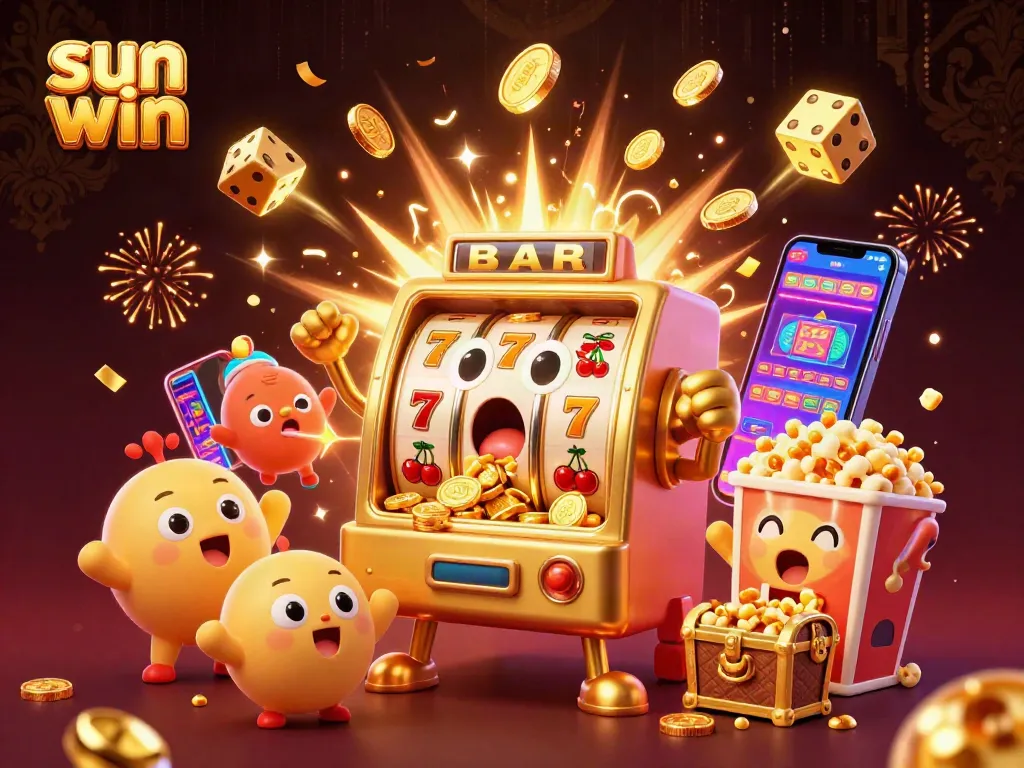 Experience the excitement of sun win as golden slot machines celebrate a jackpot, surrounded by casino elements.