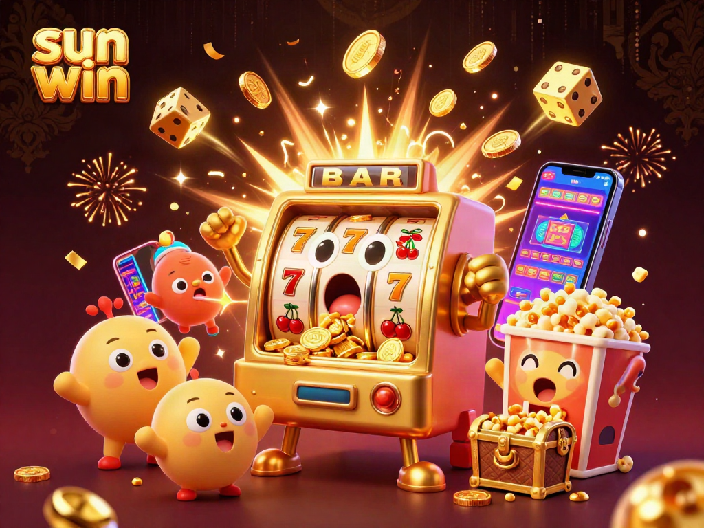 Experience the excitement of sun win as golden slot machines celebrate a jackpot, surrounded by casino elements.