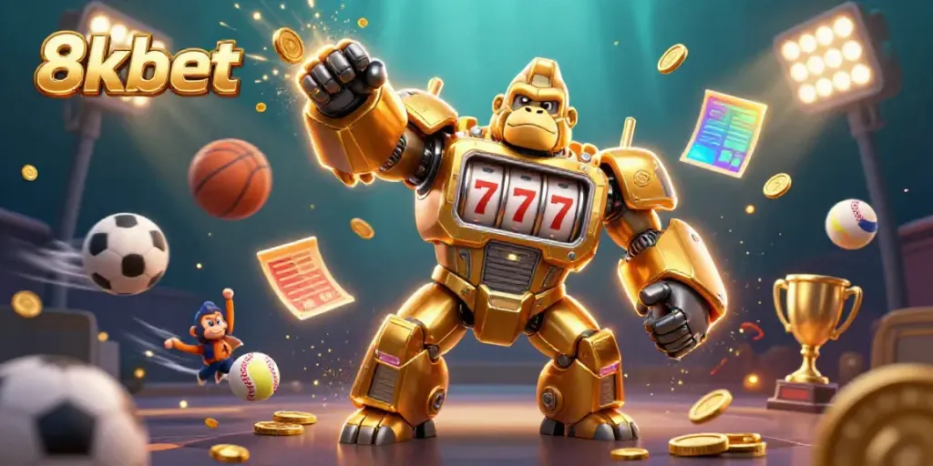 Engage in exciting gaming experiences with 8xbet's vibrant promotional illustration featuring dynamic sports elements.