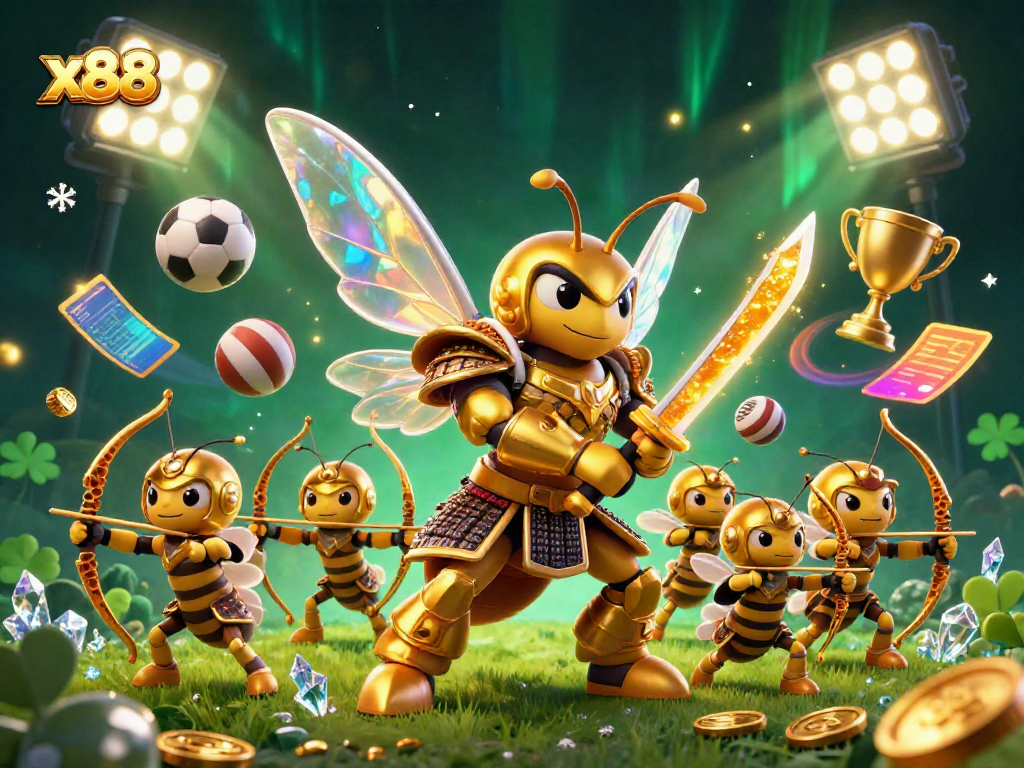 Bet on the captivating x88 experience with a golden hornet samurai leading a vibrant casino scene.