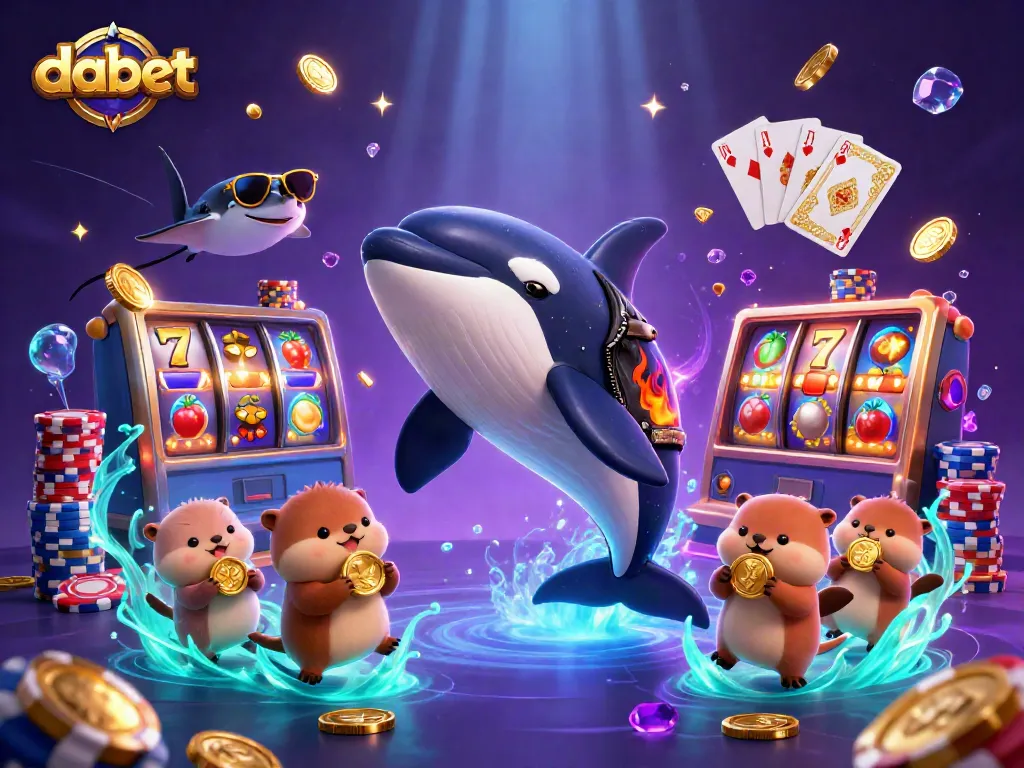 dabet orca whale casino illustration with coins and slot machines for vibrant gambling experience
