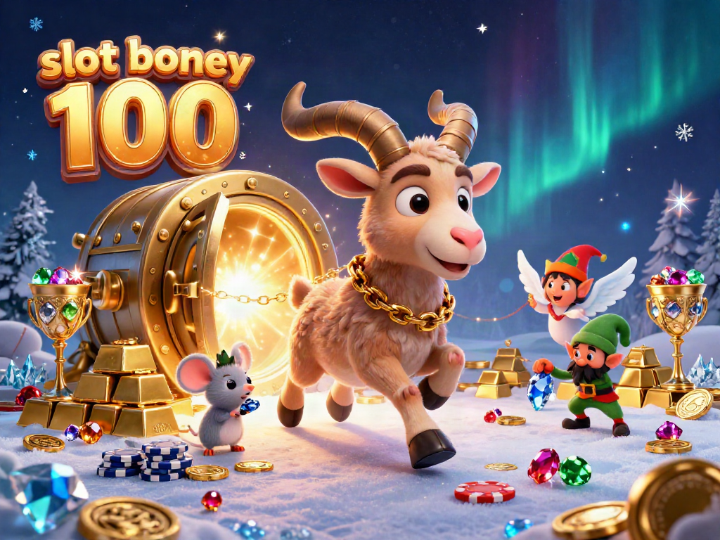 Experience thrill with slot bonus 100 in a vibrant animated casino scene filled with festive characters.