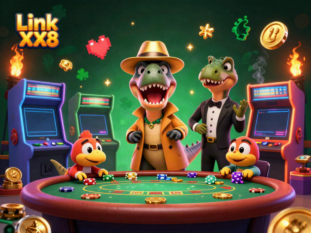 Exciting scene with Link XX8 featuring a velociraptor card counter and stegosaurus pit boss in a vibrant casino setting.