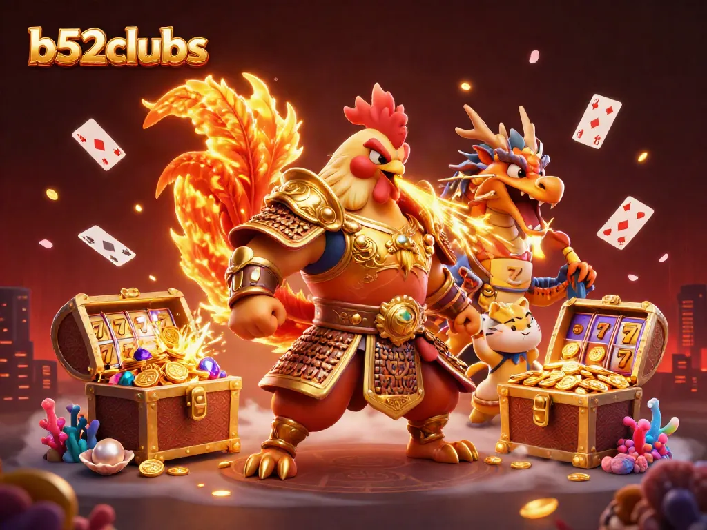 B52clubs slots jackpot scene with a rooster warrior, dragon hatchling, and fortune cat amidst floating playing cards and treasures