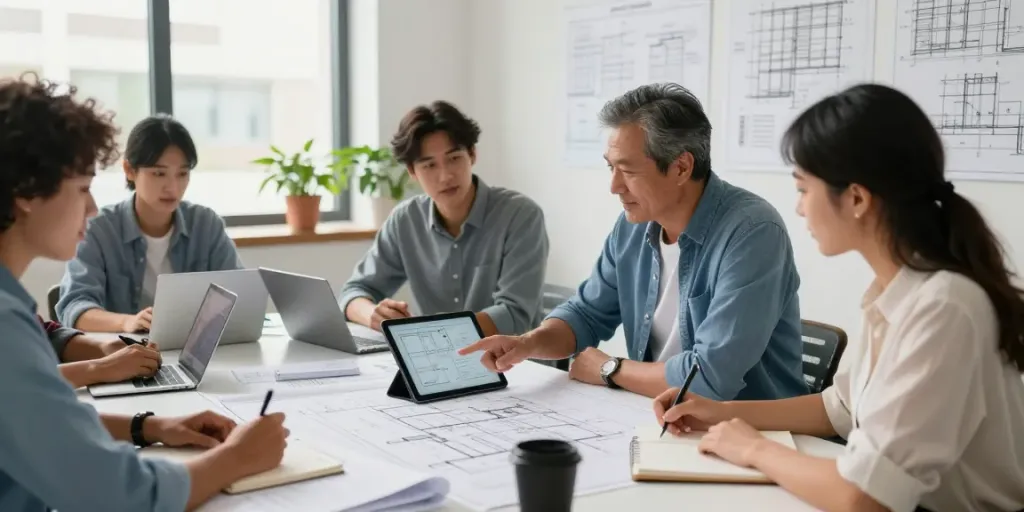 Team collaboration in a modern construction office showcasing construction cost planning with blueprints and digital tools.