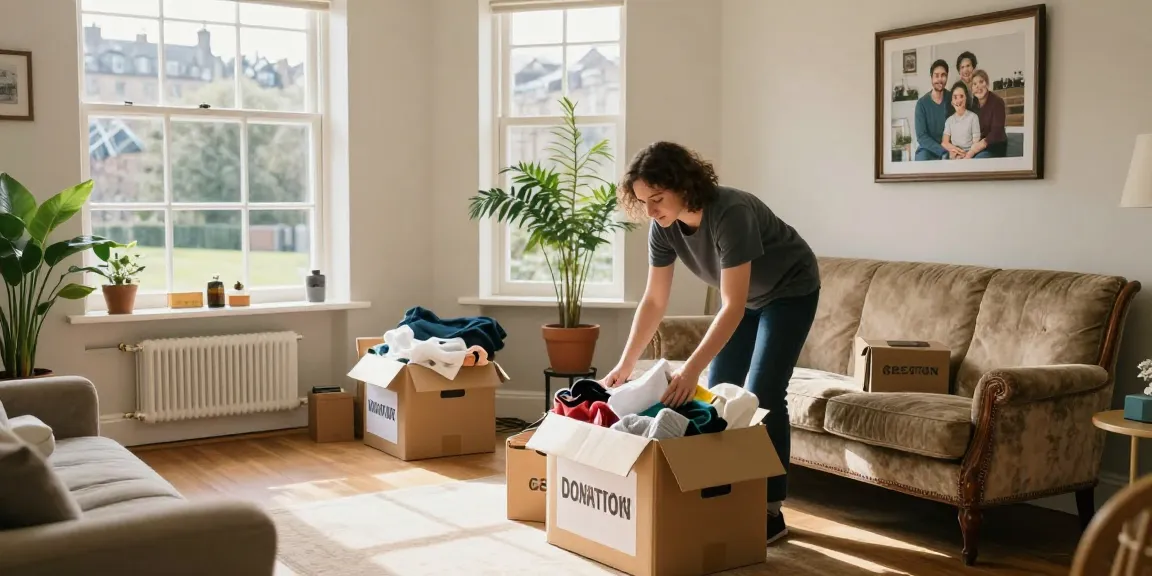 House clearance Edinburgh scene showing a professional team sorting items in a sunlit living room with eco-friendly disposal practices.