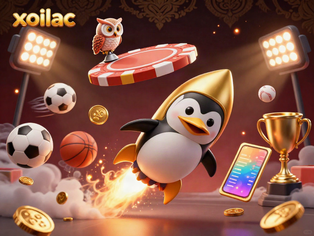 Experience the thrill of sports betting on Xoilac, with a vibrant casino scene featuring a golden penguin in a dynamic setting.