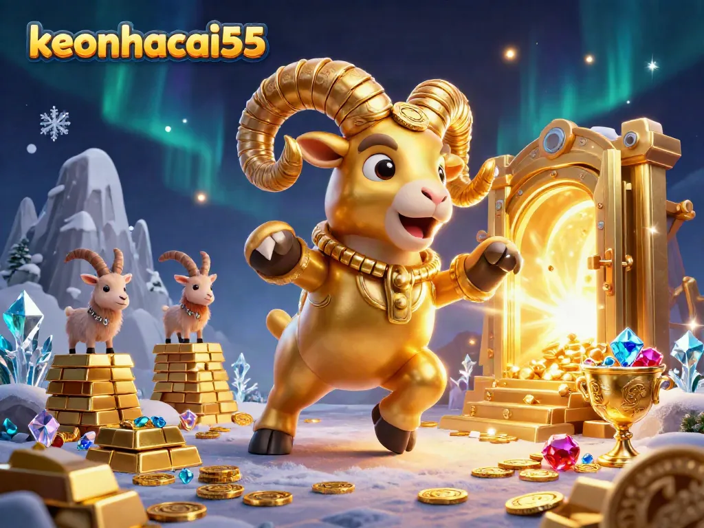 Bet on vibrant golden treasures at keonhacai55 with the massive ram leading the charge in a dynamic casino scene.