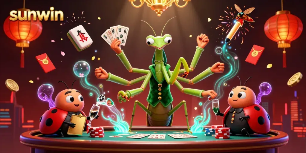 Experience the thrills of sunwin with a giant praying mantis card sharp and a ladybug pit boss in a vibrant 3D casino scene.
