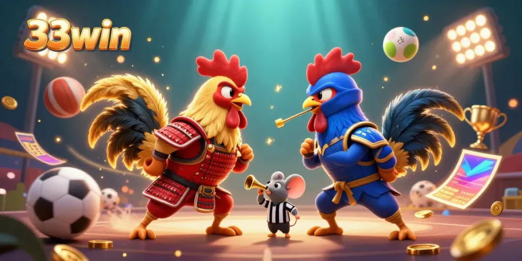 33win engaging action scene featuring cartoon samurai and ninja roosters battling with dynamic sports elements.