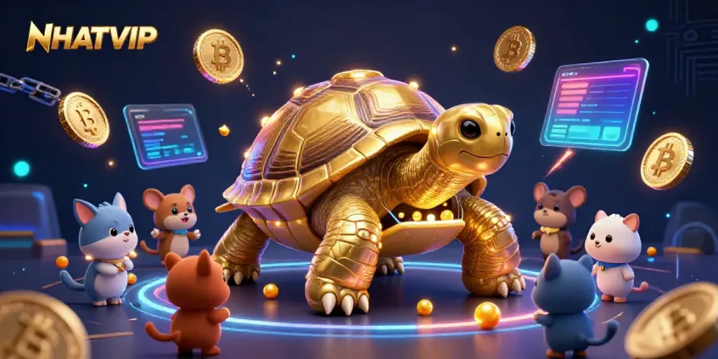 Experience wins at NHATVIP with a colossal golden tortoise pinball machine and vibrant crypto elements.
