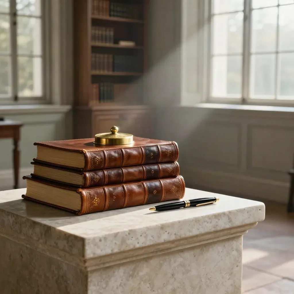 Moody legal still life with leather law volumes, brass seal, folio and ebony pen on stone.